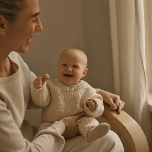 Emma lacht mit Mama und einer Holzrassel